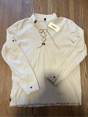 NWT JEMITOP Beige Boho Lace-Up Tunic Top Medium Embroidered Hem Cottagecore